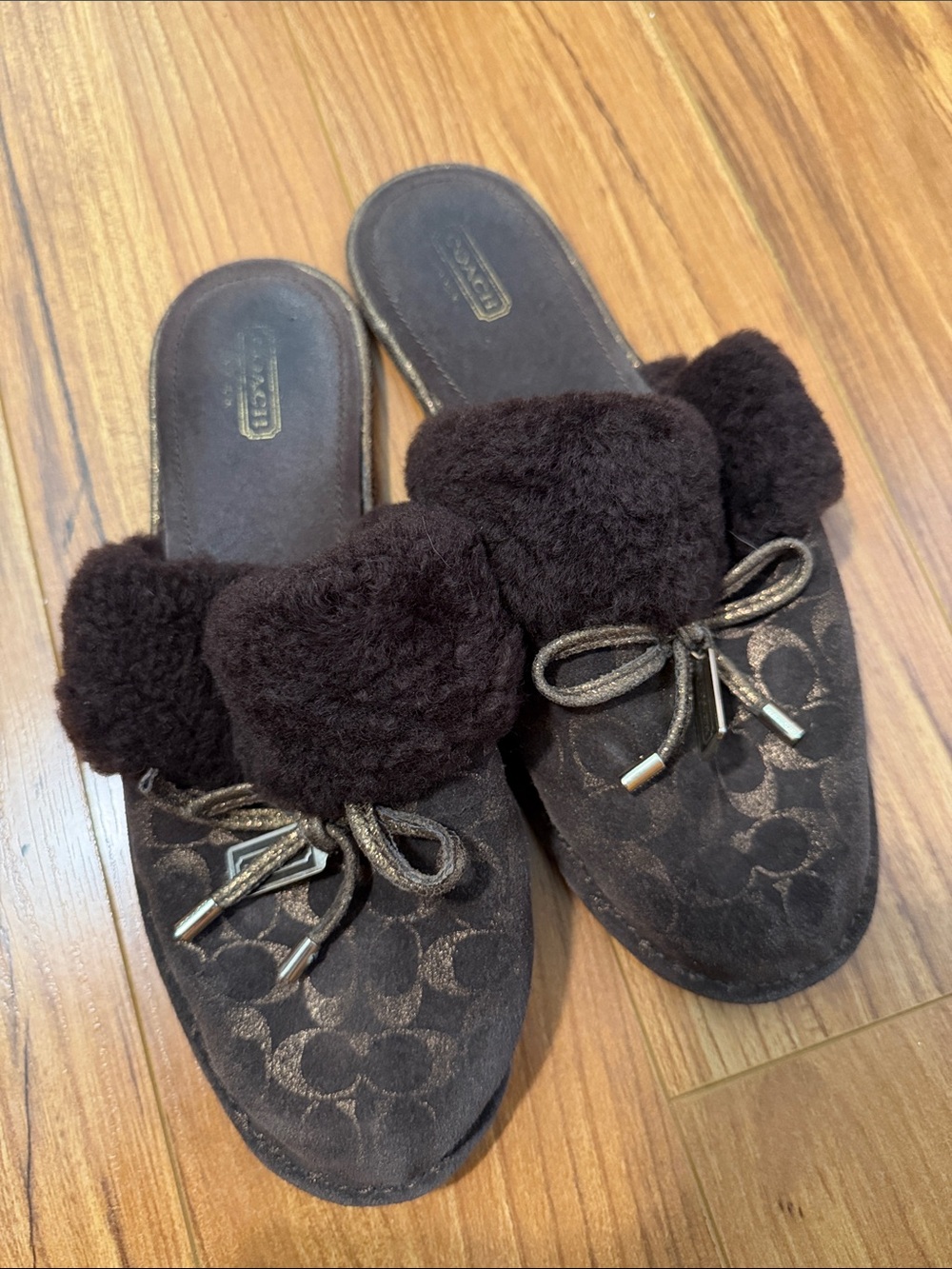 Coach Women's Shearling-Trim Slip-On slippers in Dark Brown